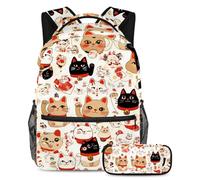 VAPOKF Ensemble cartable chat fortune japonais pour adolescentes, filles, garçons, enfants, sac à dos pour étudiant, sac à dos avec trousse à crayons pour l'école primaire, secondaire et lycée