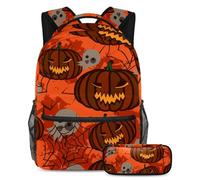 VAPOKF Ensemble cartable d'Halloween citrouille maléfique et tête de mort pour adolescentes, filles, garçons, enfants, sac à dos avec trousse à crayons pour primaire, secondaire, lycée, multicolore,