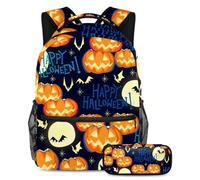 VAPOKF Ensemble cartable d'Halloween motif citrouille pleine lune chauve-souris pour adolescentes, filles, garçons, enfants, sac à dos avec trousse à crayons pour primaire, secondaire, lycée,