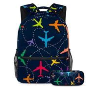 VAPOKF Ensemble cartable motif avion Fly in the Sky pour adolescentes, filles, garçons, enfants, sac à dos avec trousse à crayons pour primaire, secondaire, lycée, multicolore, Taille unique, Ensemble