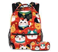 VAPOKF Ensemble cartable motif chats Maneki Neko pour adolescentes, filles, garçons, enfants, étudiant, sac à dos, sac à dos avec trousse à crayons pour primaire, secondaire, lycée