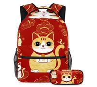 VAPOKF Ensemble cartable motif chats porte-bonheur japonais pour adolescentes, filles, garçons, enfants, sac à dos avec trousse à crayons pour l'école primaire, secondaire et lycée