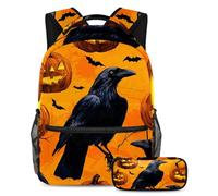 VAPOKF Ensemble cartable motif citrouille chauve-souris volante pour adolescentes, filles, garçons, enfants, sac à dos avec trousse à crayons pour école primaire, secondaire, lycée, multicolore