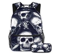 VAPOKF Ensemble cartable motif crânes de pirates pour adolescentes, filles, garçons, enfants, sac à dos avec trousse à crayons pour école primaire, secondaire, lycée, multicolore, Taille unique