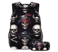VAPOKF Ensemble cartable motif crânes de pirates pour adolescentes, filles, garçons, enfants, sac à dos avec trousse à crayons pour école primaire, secondaire, lycée, multicolore, Taille unique