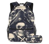VAPOKF Ensemble cartable motif crânes de pirates pour adolescentes, filles, garçons, enfants, sac à dos avec trousse à crayons pour école primaire, secondaire, lycée, multicolore, Taille unique