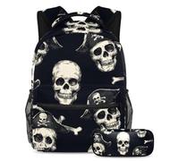 VAPOKF Ensemble cartable motif crânes pirates pour adolescentes, filles, garçons, enfants, sac à dos avec trousse à crayons pour école primaire, secondaire, lycée, multicolore, Taille unique, Ensemble