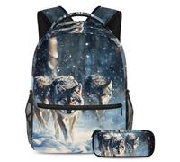 VAPOKF Ensemble cartable motif loups de la forêt enneigée pour adolescentes, filles, garçons, enfants, sac à dos avec trousse à crayons pour école primaire, secondaire et lycée, multicolore, Taille