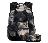 VAPOKF Ensemble cartable motif loups noirs pour adolescentes, filles, garçons, enfants, sac à dos avec trousse à crayons pour école primaire, secondaire et lycée, multicolore, Taille unique, Ensemble
