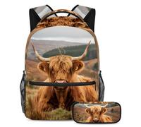 VAPOKF Ensemble cartable motif vache écossaise assise sur les Highlands pour adolescentes, filles, garçons, enfants, sac à dos avec trousse à crayons pour école primaire, secondaire, lycée,