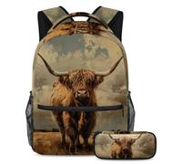 VAPOKF Ensemble cartable motif vache écossaise Highland pour adolescentes, filles, garçons, enfants, sac à dos avec trousse à crayons pour l'école primaire, secondaire et lycée, multicolore, Taille