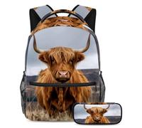 VAPOKF Ensemble cartable motif vache écossaise Highland pour adolescentes, filles, garçons, enfants, sac à dos avec trousse à crayons pour l'école primaire, secondaire et lycée, multicolore, Taille