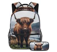 VAPOKF Ensemble cartable motif vache écossaise Highland pour adolescentes, filles, garçons, enfants, sac à dos avec trousse à crayons pour l'école primaire, secondaire et lycée, multicolore, Taille