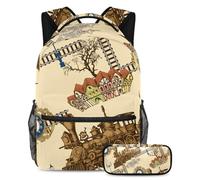 VAPOKF Ensemble cartable vintage Train in the City pour adolescentes, filles, garçons, enfants, sac à dos avec trousse à crayons pour primaire, secondaire, lycée, multicolore, Taille unique, Ensemble