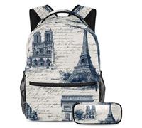 VAPOKF Ensemble de cartable architecture France Paris pour adolescentes, filles, garçons, enfants, sac à dos avec trousse à crayons pour l'école primaire secondaire junior lycée