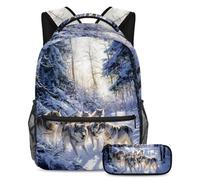 VAPOKF Ensemble de cartable avec motif groupe de loups sur la forêt enneigée pour adolescentes, filles, garçons, enfants, sac à dos avec trousse à crayons pour l'école primaire, secondaire et lycée