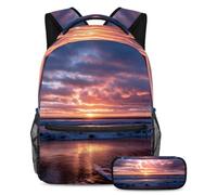 VAPOKF Ensemble de cartable Beach Sunrise pour adolescentes, filles, garçons, enfants, sac à dos pour étudiants, sac à dos avec trousse à crayons pour primaire, secondaire, junior, lycée, multicolore