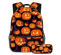 VAPOKF Ensemble de cartable citrouille d'Halloween avec chapeau de sorcière pour adolescentes, filles, garçons, enfants, sac à dos avec trousse à crayons pour primaire, secondaire, lycée, multicolore,