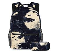 VAPOKF Ensemble de cartable corbeaux chauve-souris avec pierre tombale pour adolescentes, filles, garçons, enfants, sac à dos avec trousse à crayons pour primaire, secondaire, lycée, multicolore