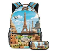 VAPOKF Ensemble de cartable d'architecture de voyage en Europe pour adolescentes, filles, garçons, enfants, sac à dos avec trousse à crayons pour école primaire, secondaire et lycée, multicolore
