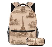 VAPOKF Ensemble de cartable d'architecture française vintage pour adolescentes, filles, garçons, enfants, sac à dos avec trousse à crayons pour école primaire, secondaire et lycée