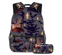 VAPOKF Ensemble de cartable d'Halloween avec chauve-souris volante et bougies pour adolescentes, filles, garçons, enfants, sac à dos avec trousse à crayons pour l'école primaire, secondaire, lycée,