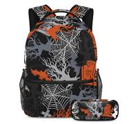 VAPOKF Ensemble de cartable d'Halloween avec pierre tombale d'arbre mort pour adolescentes, filles, garçons, enfants, sac à dos avec trousse à crayons pour primaire, secondaire, lycée, multicolore,