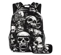 VAPOKF Ensemble de cartable motif crânes et château d'arbre mort pour adolescentes, filles, garçons, enfants, sac à dos avec trousse à crayons pour l'école primaire, secondaire, lycée, multicolore