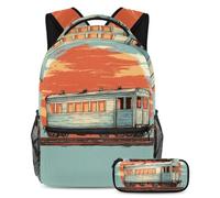 VAPOKF Ensemble de cartable rétro avec motif train sur chemin de fer pour adolescentes, filles, garçons, enfants, sac à dos avec trousse à crayons pour primaire, secondaire, lycée, multicolore, Taille