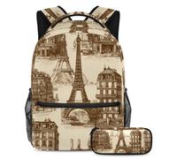 VAPOKF Ensemble de cartable vintage France Building pour adolescentes, filles, garçons, enfants, sac à dos avec trousse à crayons pour école primaire, secondaire et lycée