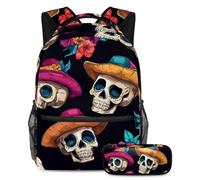 VAPOKF Ensemble de sac d'école avec chapeau et crânes de couleur vive pour adolescentes, filles, garçons, enfants, sac à dos avec trousse à crayons pour l'école primaire, secondaire et lycée