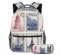 VAPOKF Ensemble de sacs d'école de voyage en France pour adolescentes, filles, garçons, enfants, sac à dos avec trousse à crayons pour école primaire, secondaire et lycée