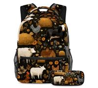 VAPOKF Ensemble sac à dos avec trousse à crayons pour adolescentes, filles, garçons, enfants, enfants - Motif animaux de la ferme - Cabane de foin - Tournesols