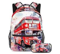 VAPOKF Ensemble sac d'école aquarelle à double étage avec motif bus londonien pour adolescentes, filles, garçons, enfants, sac à dos avec trousse à crayons pour l'école primaire, secondaire et lycée,