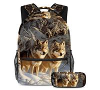 VAPOKF Ensemble sac d'école avec deux loups sur neige pour adolescentes, filles, garçons, enfants, sac à dos avec trousse à crayons pour école primaire, secondaire et lycée, multicolore, Taille unique