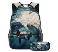 VAPOKF Ensemble sac d'école avec motif dauphins Play Together pour adolescentes, filles, garçons, enfants, sac à dos avec trousse à crayons pour primaire, secondaire, lycée, multicolore, Taille unique