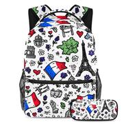 VAPOKF Ensemble sac d'école avec motif drapeau de la France - Tour de Paris - Pour adolescentes, garçons et enfants - Sac à dos avec trousse à crayons - Pour école primaire, secondaire et lycée