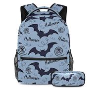 VAPOKF Ensemble sac d'école chauve-souris volante d'Halloween sur gris pour adolescentes, filles, garçons, enfants, sac à dos avec trousse à crayons pour école primaire, secondaire, lycée,