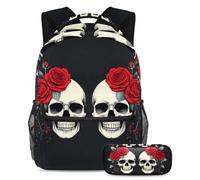 VAPOKF Ensemble sac d'école Day of The Dead avec motif tête de mort rose rouge pour adolescentes, filles, garçons, enfants, sac à dos avec trousse à crayons pour l'école primaire, secondaire et lycée