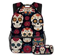 VAPOKF Ensemble sac d'école Day of The Dead Skulls Florals pour adolescentes, filles, garçons, enfants, sac à dos avec trousse à crayons pour l'école primaire, secondaire et lycée