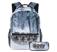 VAPOKF Ensemble sac d'école groupe de loups sur neige pour adolescentes, filles, garçons, enfants, sac à dos avec trousse à crayons pour l'école primaire, secondaire, lycée, multicolore, Taille unique
