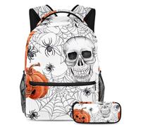 VAPOKF Ensemble sac d'école Halloween Jack Skull Spider et toile pour adolescentes, filles, garçons, enfants, sac à dos avec trousse à crayons pour primaire, secondaire, lycée, multicolore, Taille