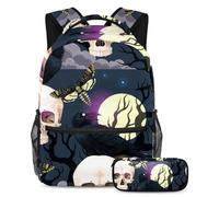 VAPOKF Ensemble sac d'école motif crâne humain corbeau papillon sur arbre mort pour adolescentes, filles, garçons, enfants, sac à dos avec trousse à crayons pour primaire, secondaire, lycée,