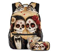 VAPOKF Ensemble sac d'école motif crâne squelette Day of the Dead pour adolescentes, filles, garçons, enfants, sac à dos avec trousse à crayons pour l'école primaire, secondaire et lycée, multicolore