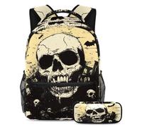 VAPOKF Ensemble sac d'école motif tête de mort chauve-souris volante lune pour adolescentes, filles, garçons, enfants, sac à dos avec trousse à crayons pour l'école primaire, secondaire et lycée