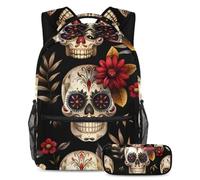 VAPOKF Ensemble sac d'école motif tête de mort Day of the Dead pour adolescentes, filles, garçons, enfants, sac à dos avec trousse à crayons pour l'école primaire, secondaire, junior lycée,