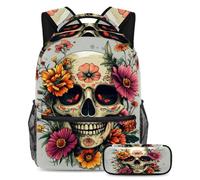 VAPOKF Ensemble sac d'école motif tête de mort humain avec fleurs vives pour adolescentes, filles, garçons, enfants, sac à dos avec trousse à crayons pour l'école primaire, secondaire, lycée