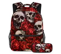 VAPOKF Ensemble sac d'école motif tête de mort humain et roses rouges pour adolescentes, filles, garçons, enfants, sac à dos avec trousse à crayons pour l'école primaire, secondaire et lycée,
