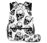VAPOKF Ensemble sac d'école motif tête de mort humain pour adolescentes, filles, garçons, enfants, sac à dos pour étudiant, sac à dos avec trousse à crayons pour école primaire, secondaire, junior