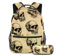 VAPOKF Ensemble sac d'école motif tête de mort humain pour adolescentes, filles, garçons, enfants, sac à dos pour étudiant, sac à dos avec trousse à crayons pour école primaire, secondaire, junior